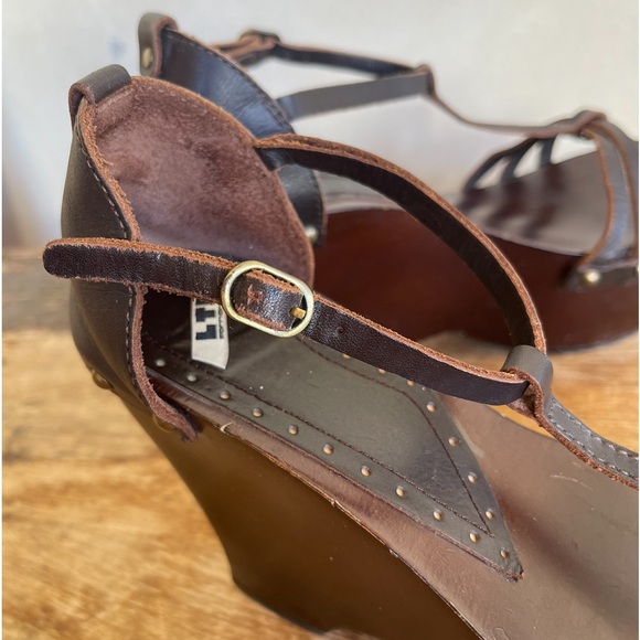 LTD FORNONNO Rare Vtg Brown Wood & Leather T-Strap Platform Sandals 37 Italy - Picture 10 of 13